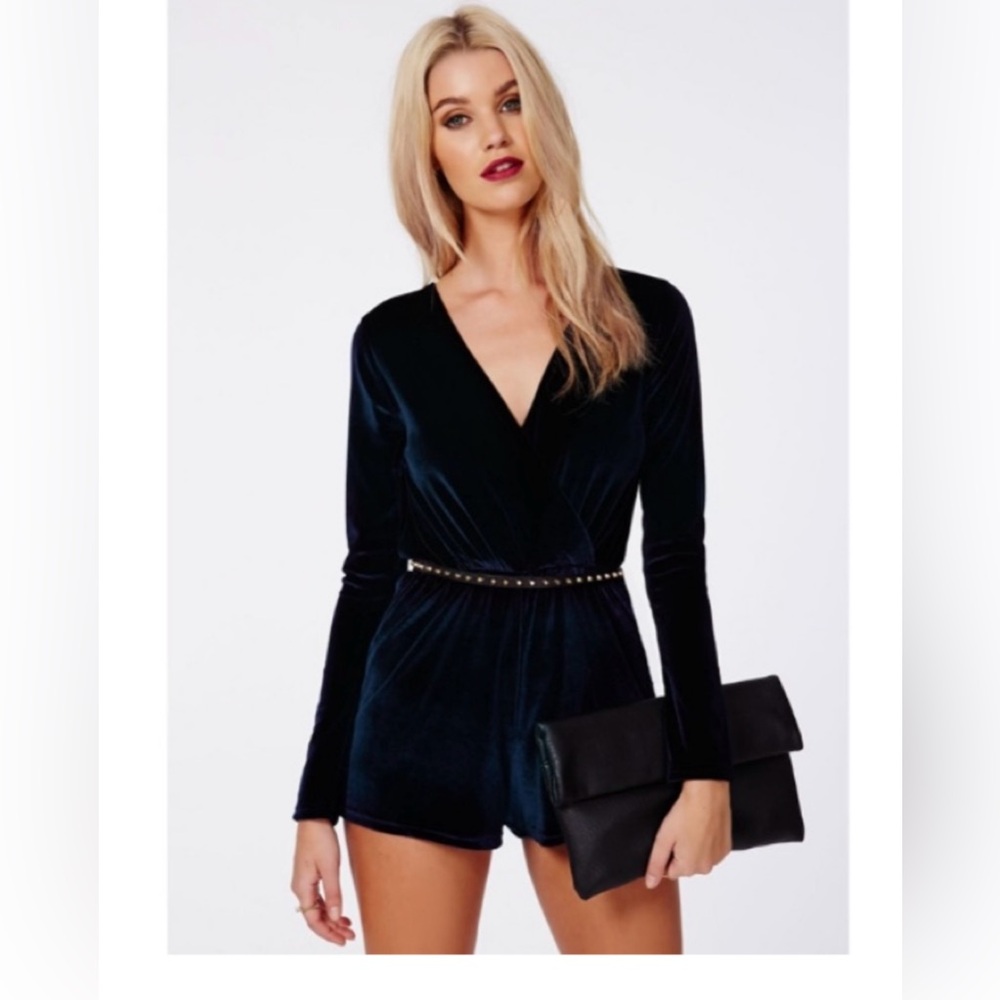 Missguided Navy Velvet Long Sleeve Romper
